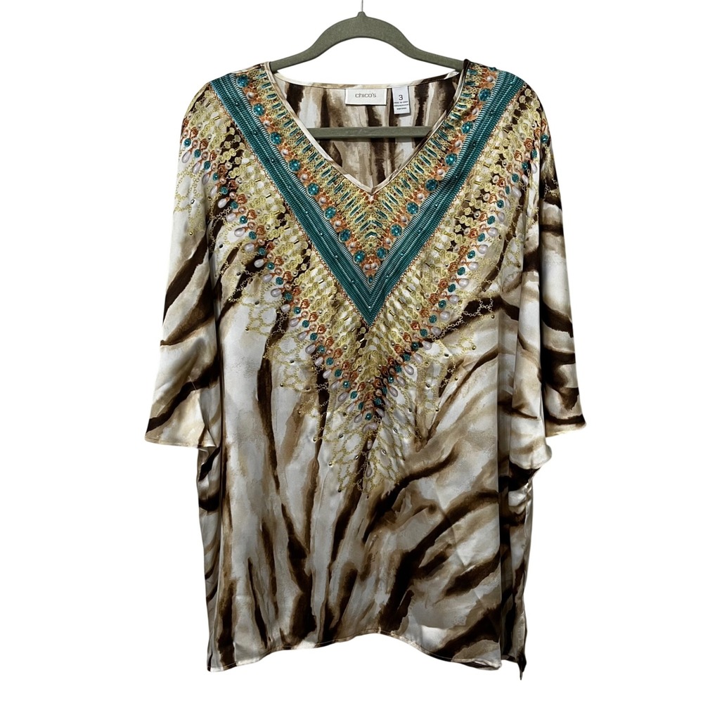 Chico's Beaded V-Neck Tunic Top Brown Tiger Print Kaftan Size 3 Large XL